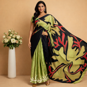 Olive Green & Black Abstract Leaf Print Satin Saree