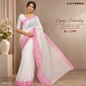 White with Pink Delicate Embroidery Motifs Cotton Saree