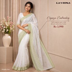White with Lime Green Delicate Embroidery Motifs Cotton Saree