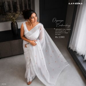 White with Coral Floral Embroidery Motifs Cotton Saree