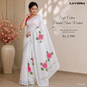 White with Pink & Green Floral Print Stone Worked Cotton Saree