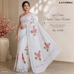White with Salman Pink & Green Floral Print Stone Worked Cotton Saree