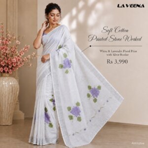 White with Lavander & Green Floral Print Stone Worked Cotton Saree