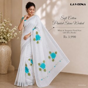 White with Bright Teal & Green Floral Print Stone Worked Cotton Saree
