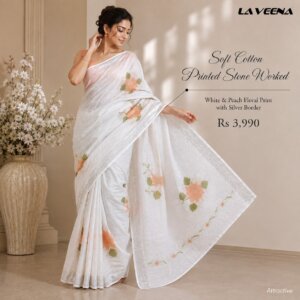 White with Peach & Green Floral Print Stone Worked Cotton Saree