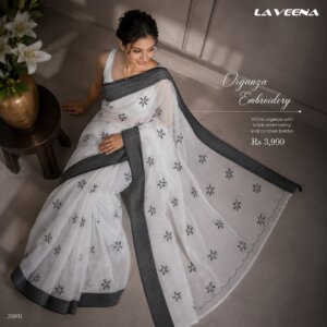 White with Black Delicate Black Embroidered Floral Motifs Cotton Saree