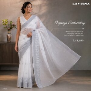 White with Delicate Floral Embroidery with Scattered Motifs Cotton Saree