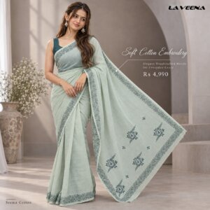 Mint Green Soft Cotton Embroidered Saree