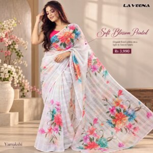 Soft Blossom Floral Printed Saree with Pastel Plaid Texture