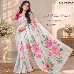 Soft Blossom Floral Printed Saree with Pastel Checkered Texture